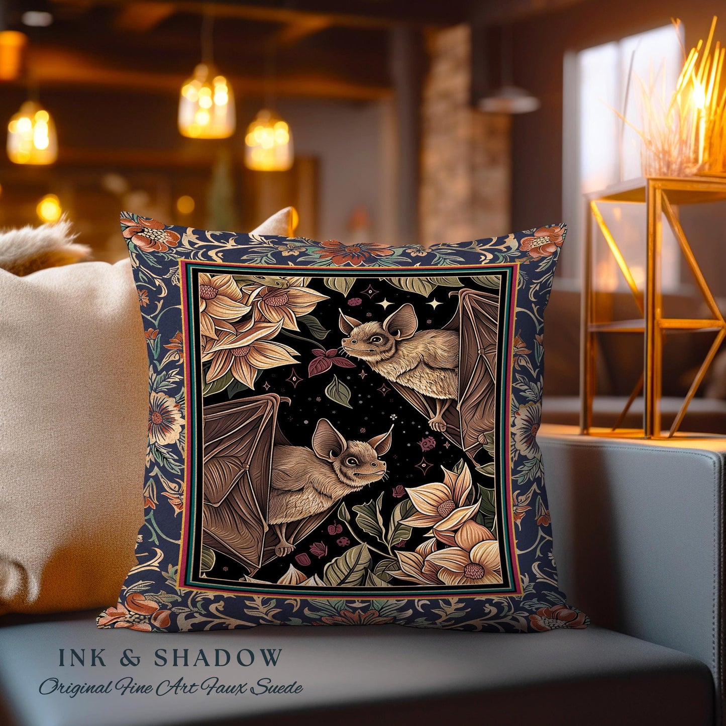 Dark Academia Mystic Bat Pillow Woodland Gothic Victorian Art Decor | Enchanted Forest Celestial Nature Cushion Whimsical Floral Cottagecore