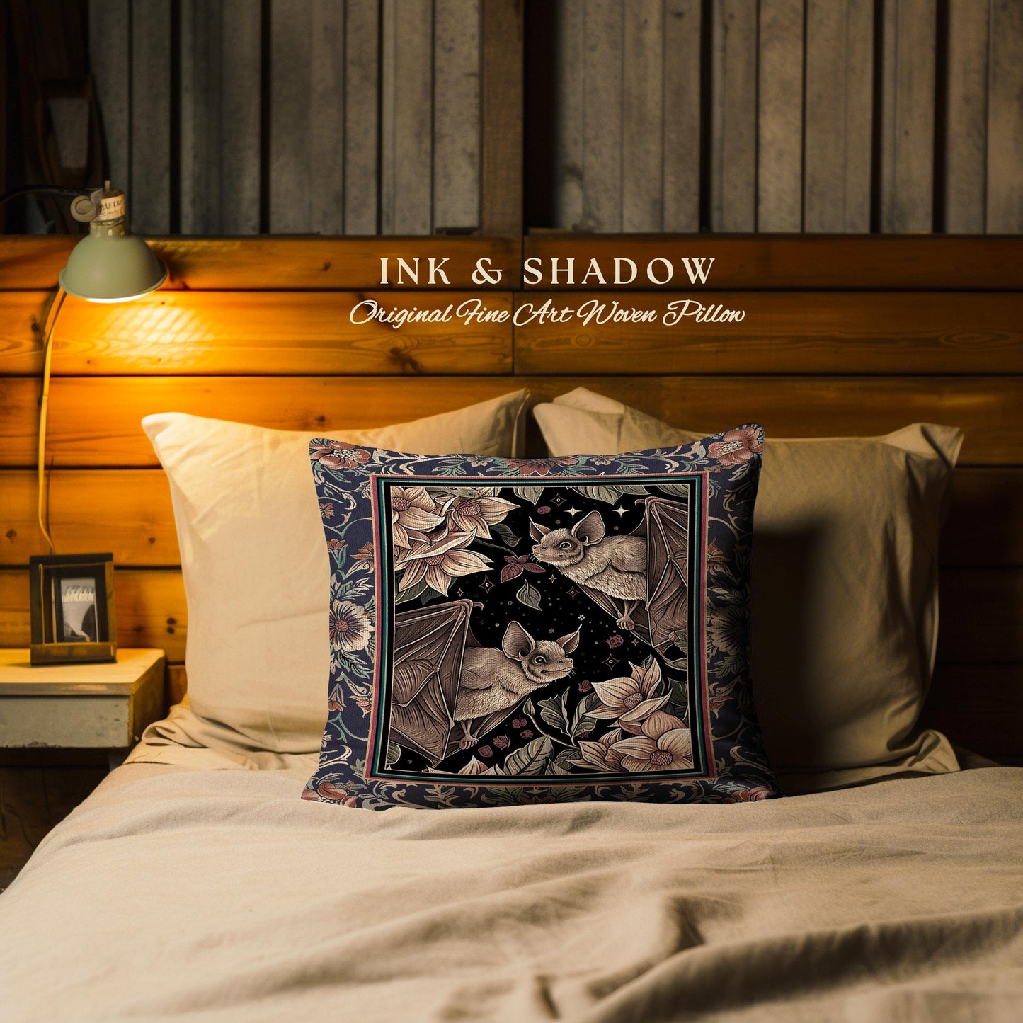 Dark Academia Mystic Bat Pillow Woodland Gothic Victorian Art Decor | Enchanted Forest Celestial Nature Cushion Whimsical Floral Cottagecore