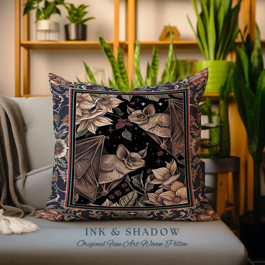 Dark Academia Mystic Bat Pillow Woodland Gothic Victorian Art Decor | Enchanted Forest Celestial Nature Cushion Whimsical Floral Cottagecore