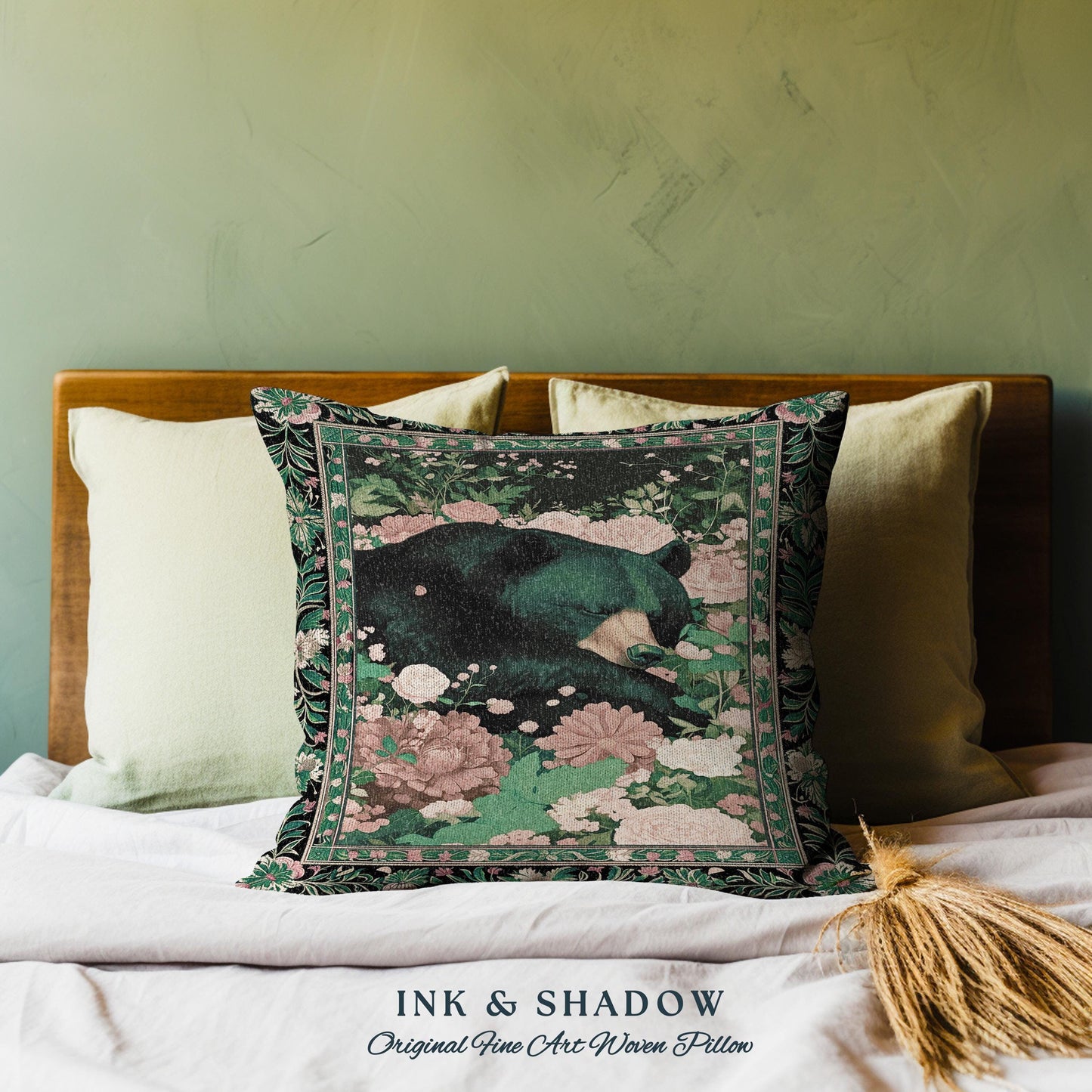 Mystical Sleeping Black Bear Pillow Enchanted Floral Forestcore | Victorian Gothic Romantic Cottagecore Woodland Animal Wildflower Cushion