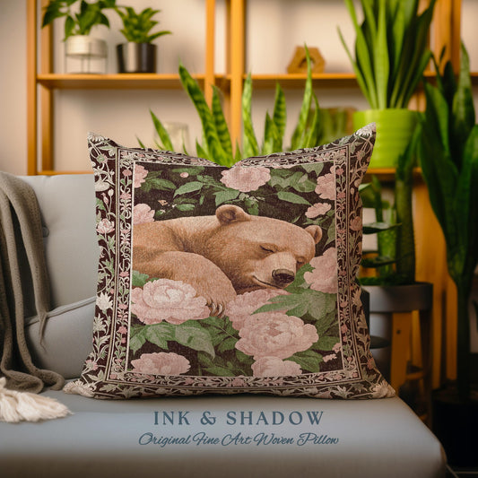 Sleeping Bear Flower Garden Pillow Dreamy Vintage Whimsy Wildlife Decor | Boho Country Cottage Woodland Whimsy Floral Botanical Forestcore