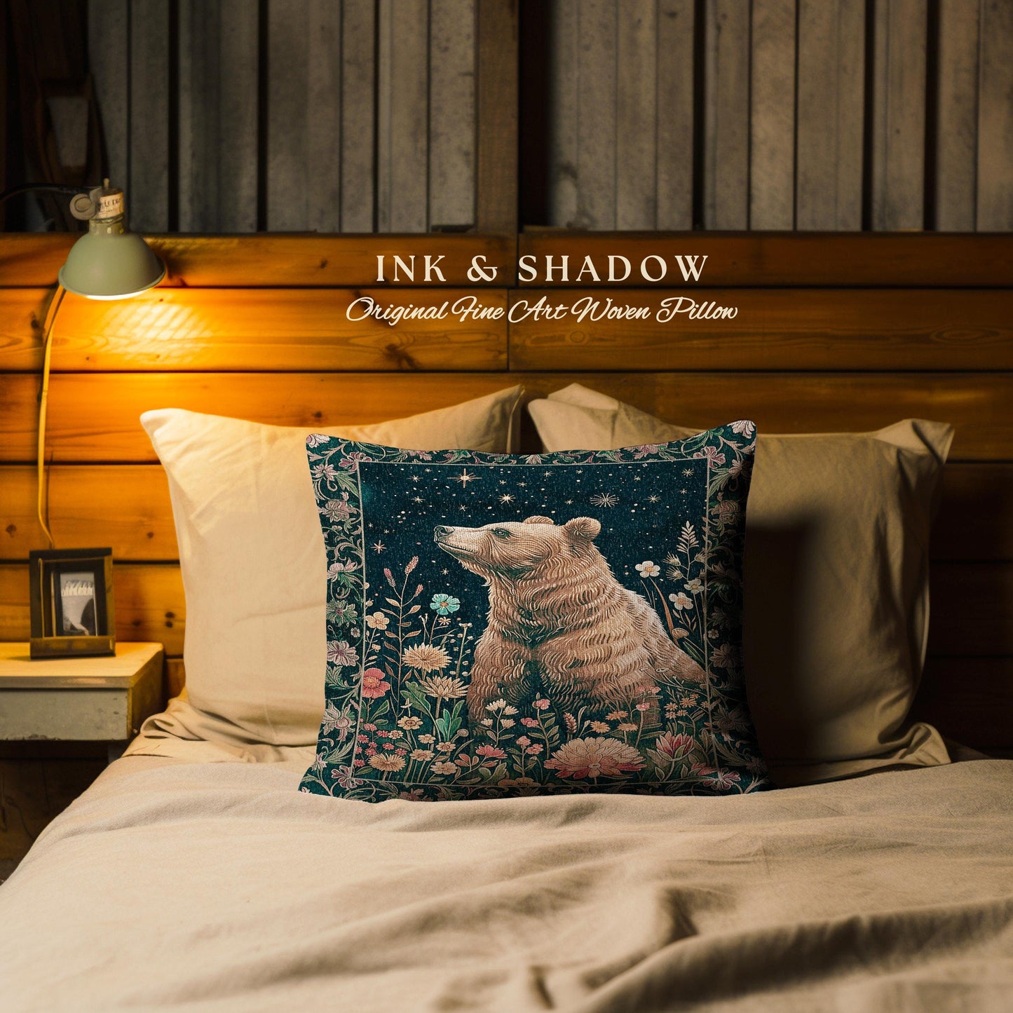 Whimsical Wildflower Starry Night Bear Pillow Enchanted Forest Cottagegoth | Boho Cottagecore Witchy Wildlife Whimsigothic Art Throw Cushion