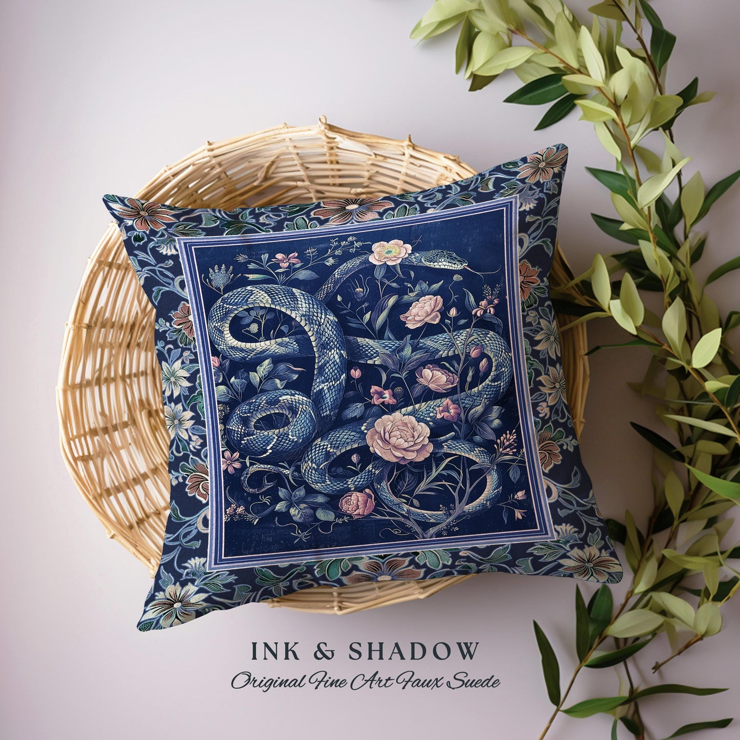 Midnight Blue Dark Floral Serpent Pillow Whimsical Vintage Botanical Snake Cushion Victorian Gothic Mystic Macabre Art Enchanted Forestcore