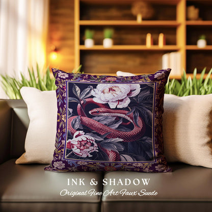 Whimsigothic Dark Floral Serpent Pillow Enchanted Forest Whimsical Purple Botanical Cushion | Mystical Witchy Cottagecore Vintage Snake Art