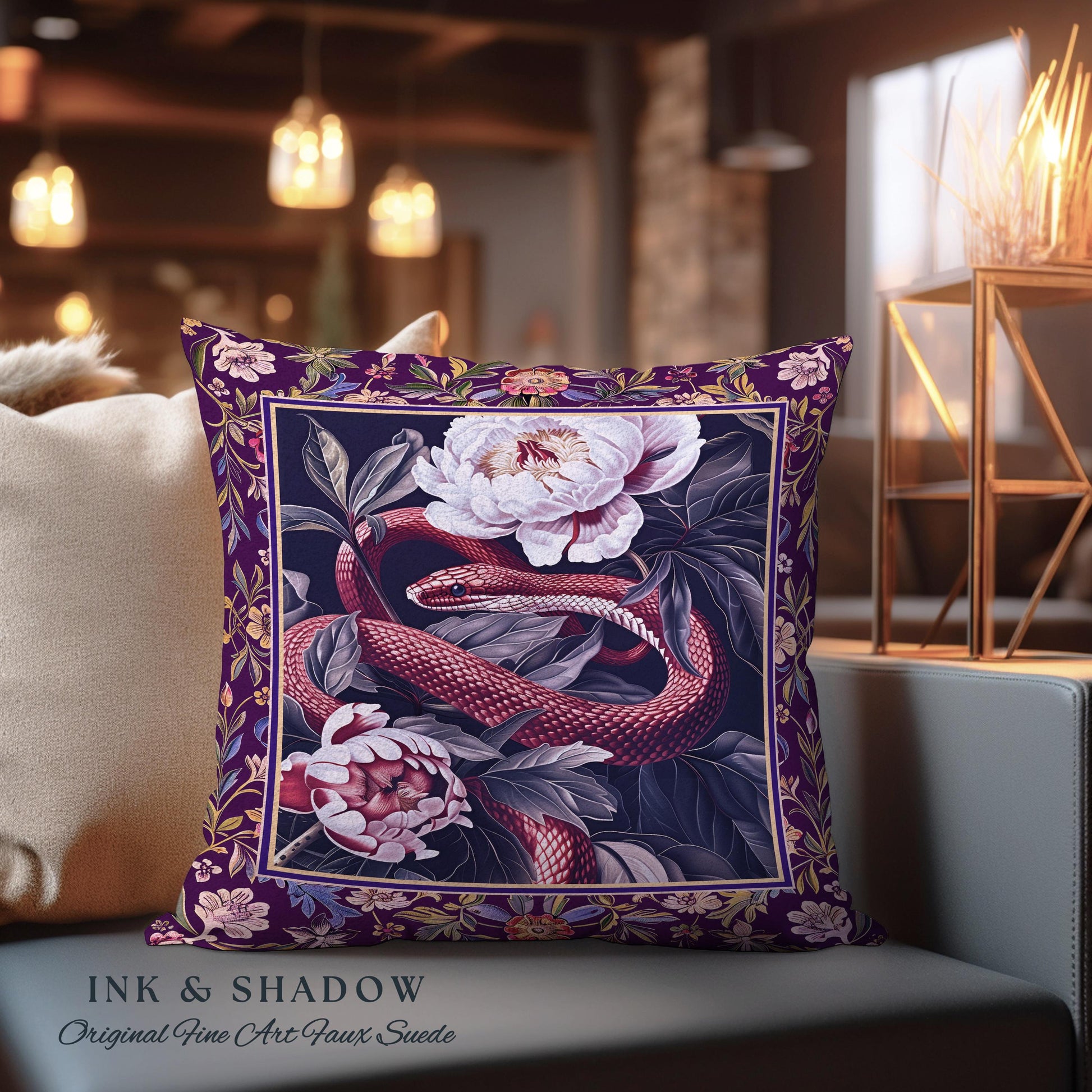 Whimsigothic Dark Floral Serpent Pillow Enchanted Forest Whimsical Purple Botanical Cushion | Mystical Witchy Cottagecore Vintage Snake Art