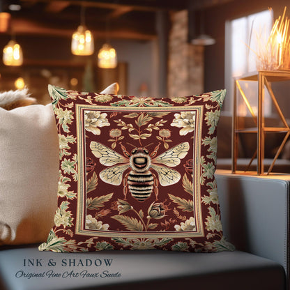 Regal Honeybee Pillow Baroque Inspired Vintage Floral Insect Art Decor | Medieval Cottagecore Bee Garden Woodland Whimsy Folklore Cushion