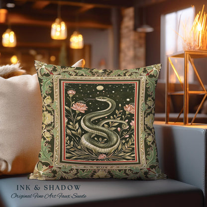 Celestial Serpent Woven Tapestry Pillow Enchanted Floral Gothic Cushion | Mystical Moonlit Medieval Snake Art Dark Academia Vintage Baroque