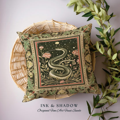 Celestial Serpent Woven Tapestry Pillow Enchanted Floral Gothic Cushion | Mystical Moonlit Medieval Snake Art Dark Academia Vintage Baroque