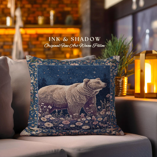 Celestial Moonlit Bear Pillow Starry Night Wildflower Tapestry Cushion | Enchanted Woodland Gothic Indigo Blue Cozy Cottagecore Mystical Art