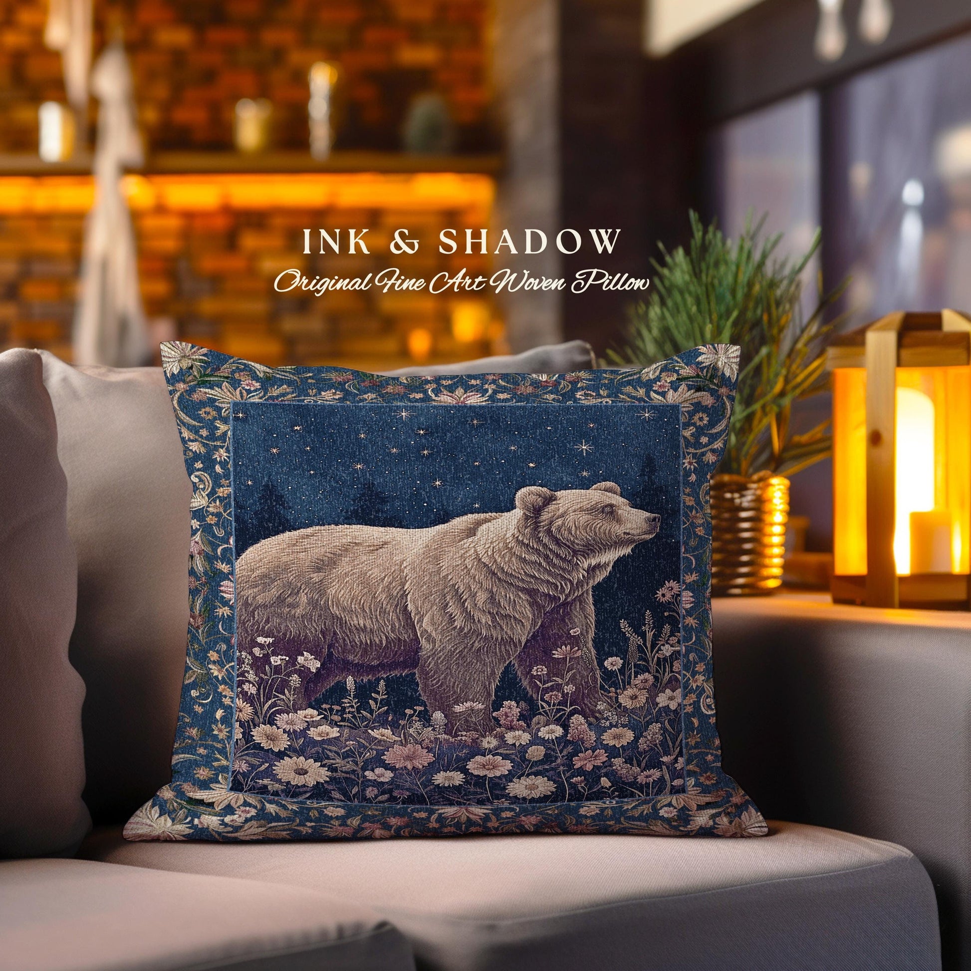 Celestial Moonlit Bear Pillow Starry Night Wildflower Tapestry Cushion | Enchanted Woodland Gothic Indigo Blue Cozy Cottagecore Mystical Art