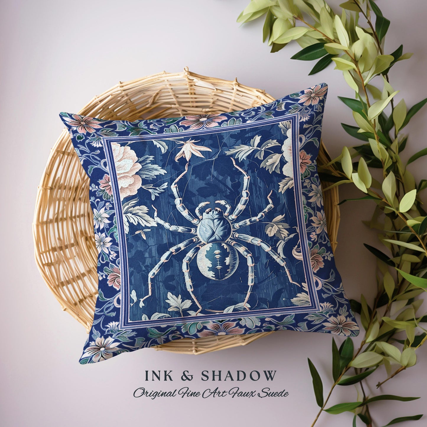 French Baroque Antique Blue Botanical Spider Pillow Gothic Cottagecore Tapestry Cushion | Whimsical Vintage Nature Enchanted Floral Accent