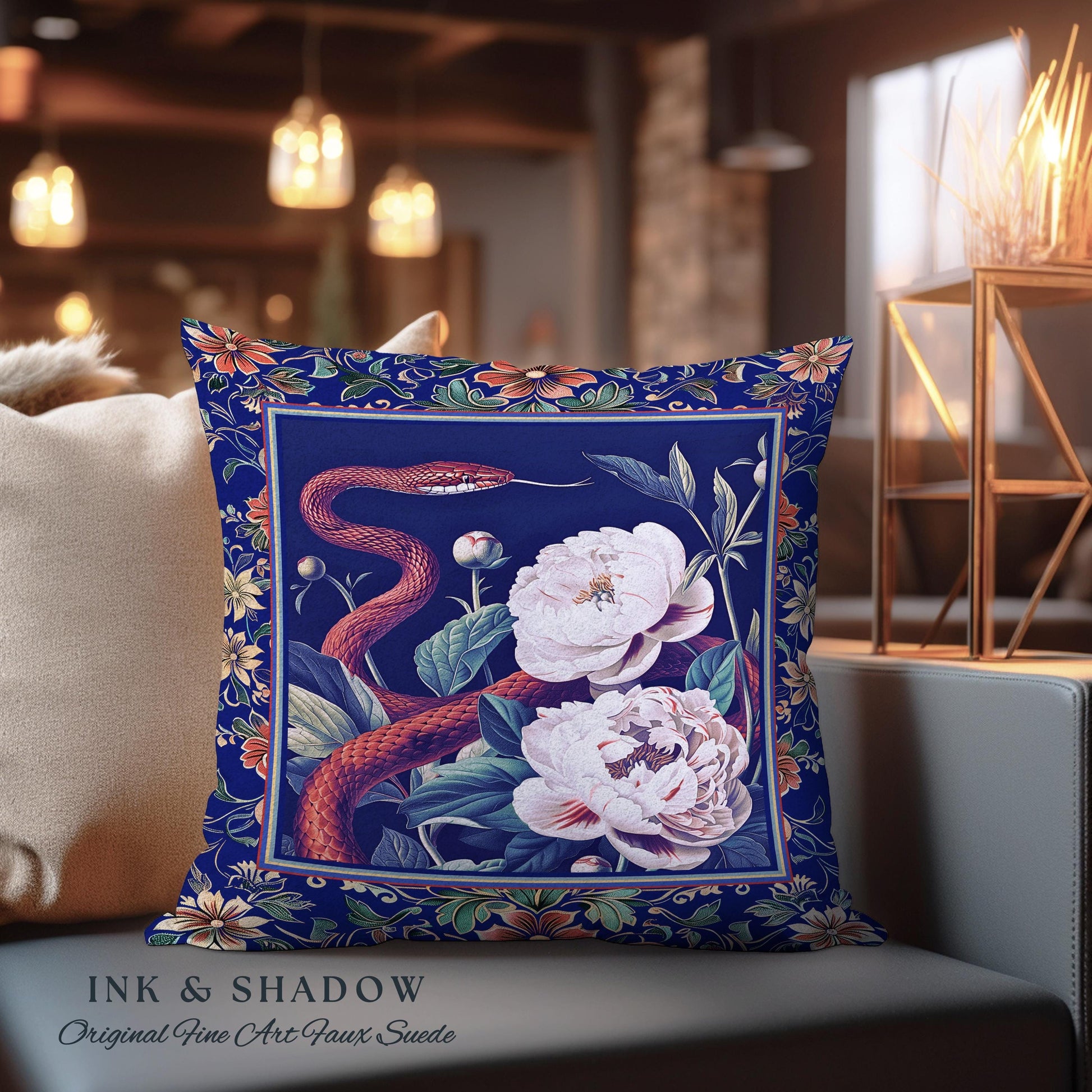 Moody Dark Botanical Serpent Enchanted Floral Tapestry Pillow Exotic Gothic Decor | Ethereal Woodland Snake Victorian Art Nouveau Cushion