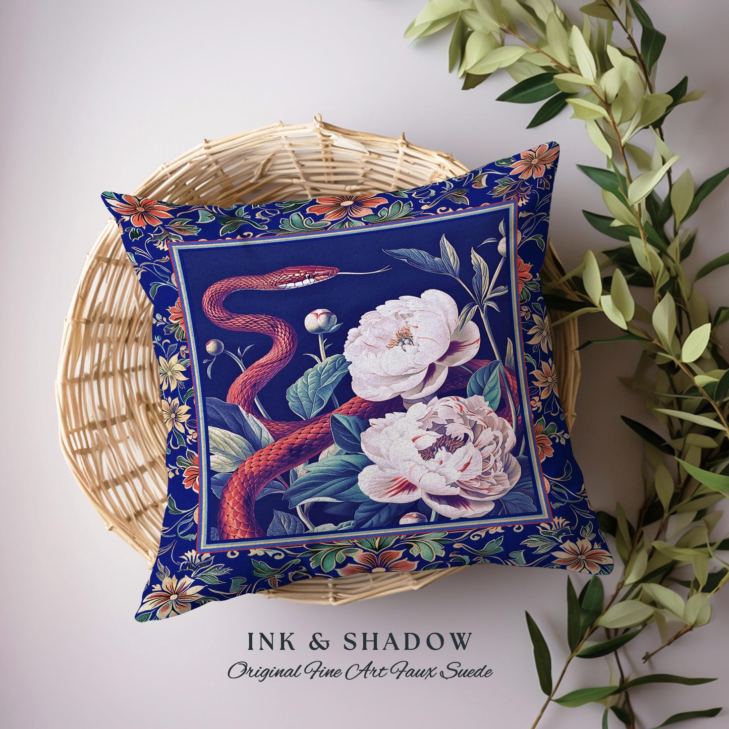 Moody Dark Botanical Serpent Enchanted Floral Tapestry Pillow Exotic Gothic Decor | Ethereal Woodland Snake Victorian Art Nouveau Cushion