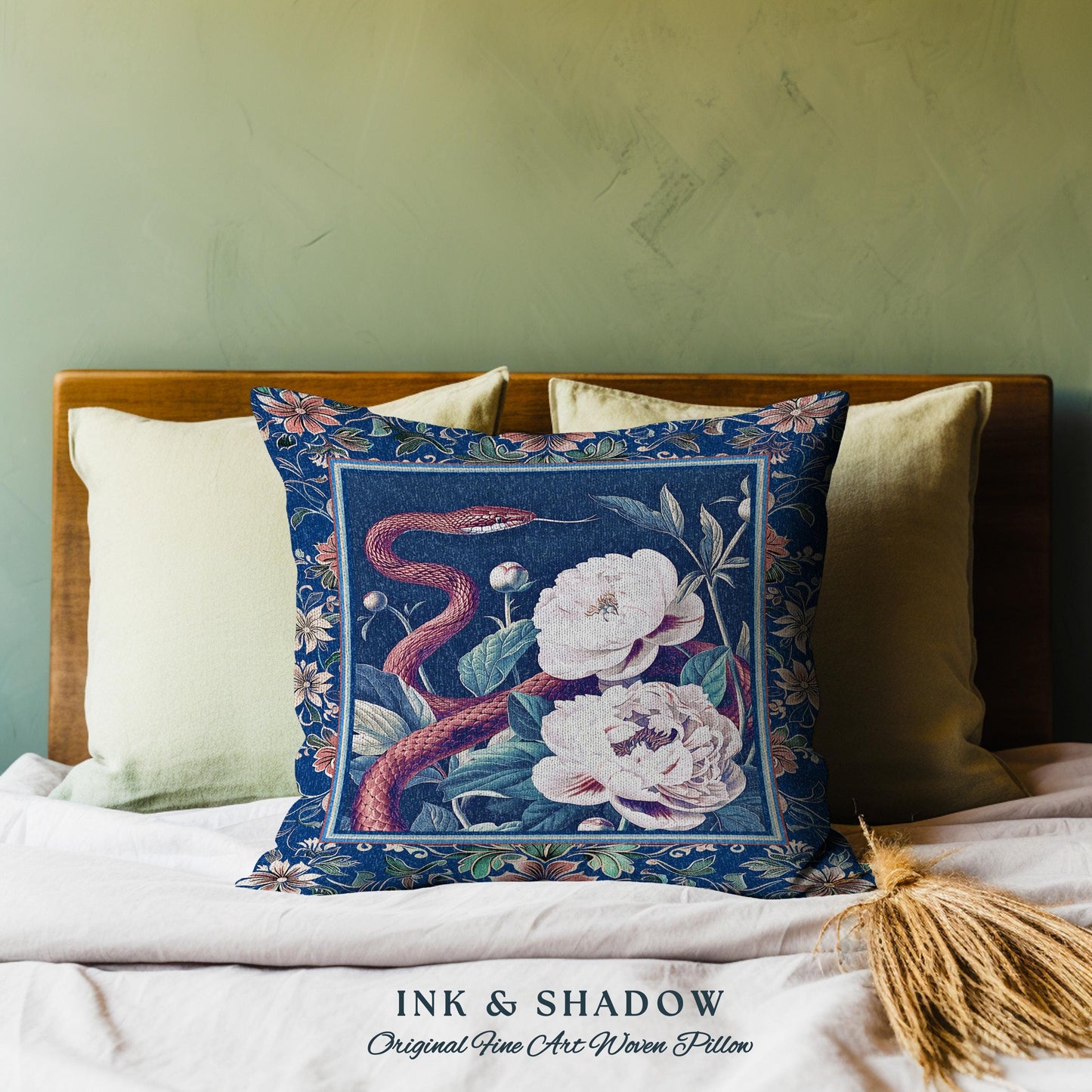 Moody Dark Botanical Serpent Enchanted Floral Tapestry Pillow Exotic Gothic Decor | Ethereal Woodland Snake Victorian Art Nouveau Cushion