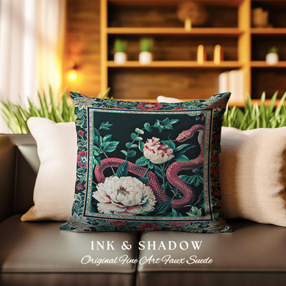 Enchanted Forest Snake Pillow Dark Woodland Floral Gothic Renaissance Decor | Mystical Cottagecore Vintage Serpent Medieval Charm Cushion