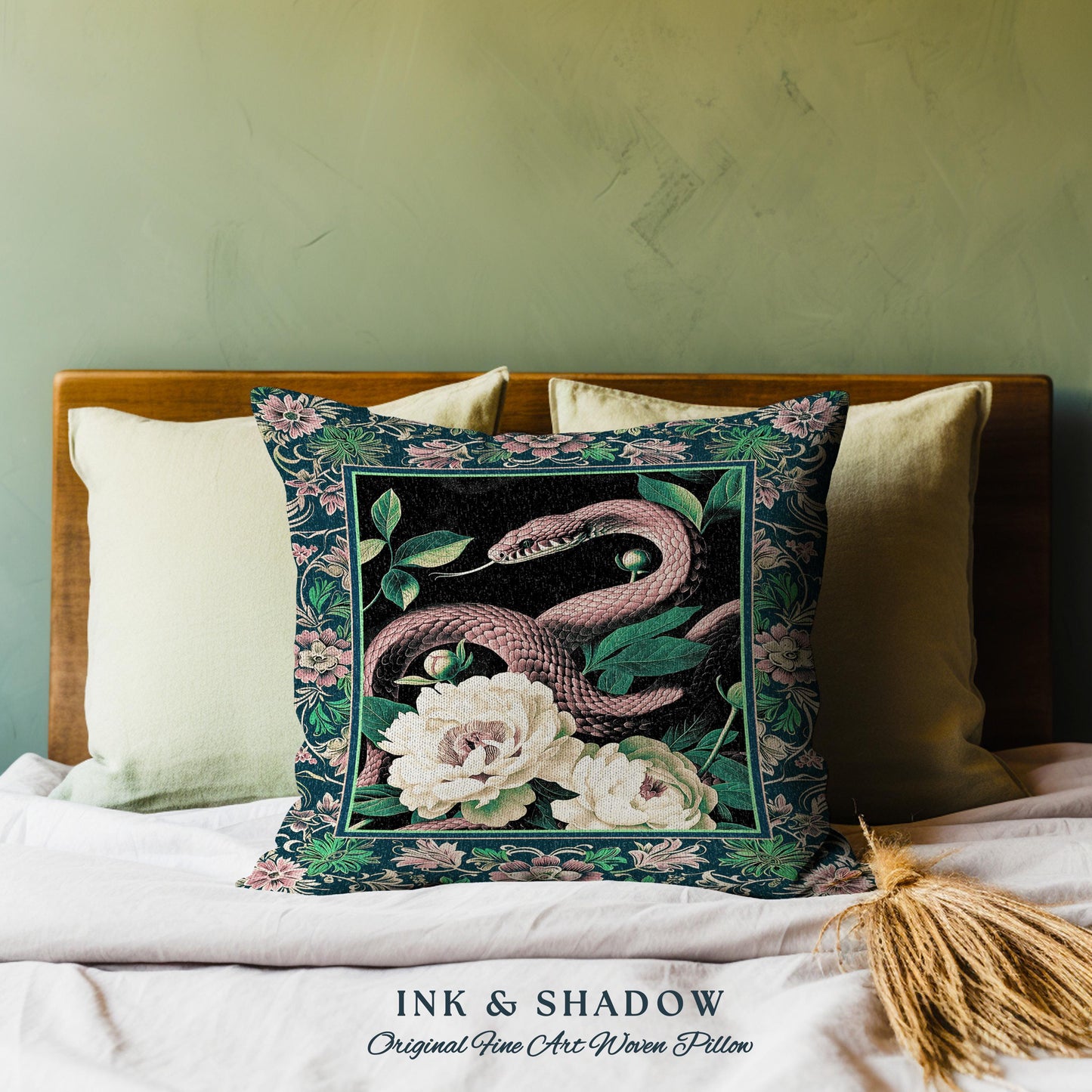 Botanical Forestcore Serpent Pillow Gothic Floral Tapestry Cushion | Mystic Goblincore Snake Decor Enchanted Victorian Dark Academia Accent