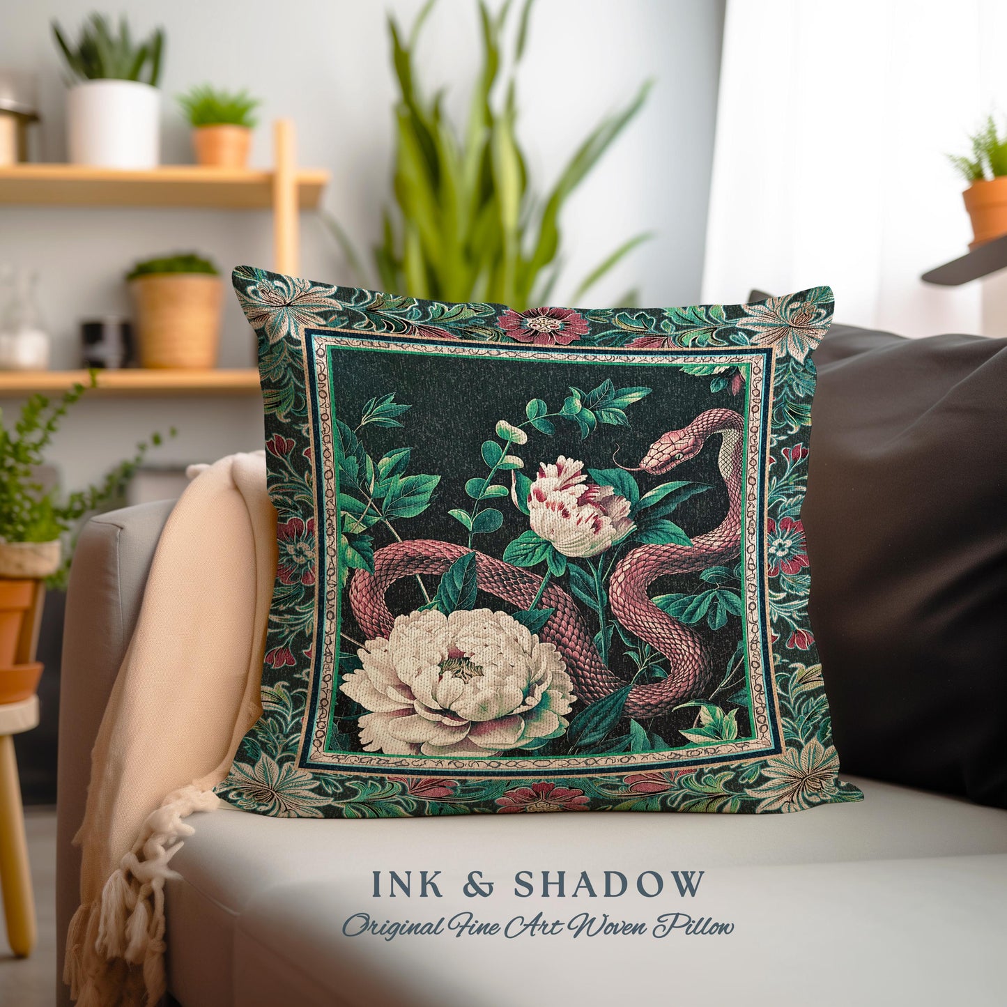 Enchanted Forest Snake Pillow Dark Woodland Floral Gothic Renaissance Decor | Mystical Cottagecore Vintage Serpent Medieval Charm Cushion