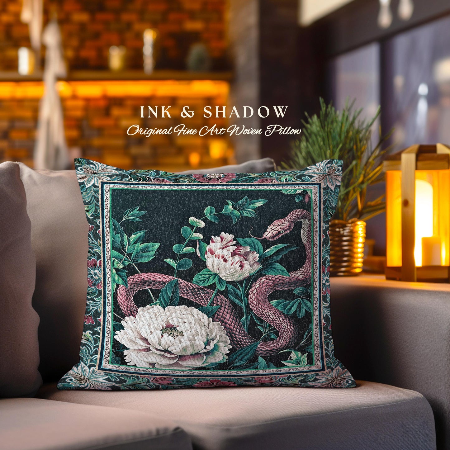 Enchanted Forest Snake Pillow Dark Woodland Floral Gothic Renaissance Decor | Mystical Cottagecore Vintage Serpent Medieval Charm Cushion