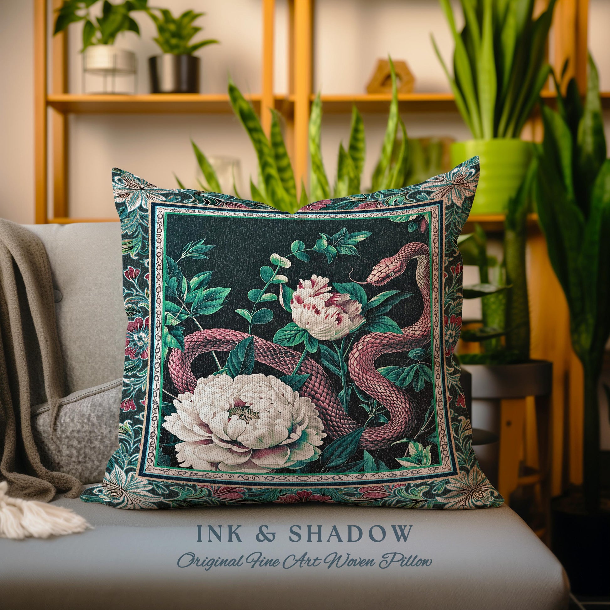 Enchanted Forest Snake Pillow Dark Woodland Floral Gothic Renaissance Decor | Mystical Cottagecore Vintage Serpent Medieval Charm Cushion