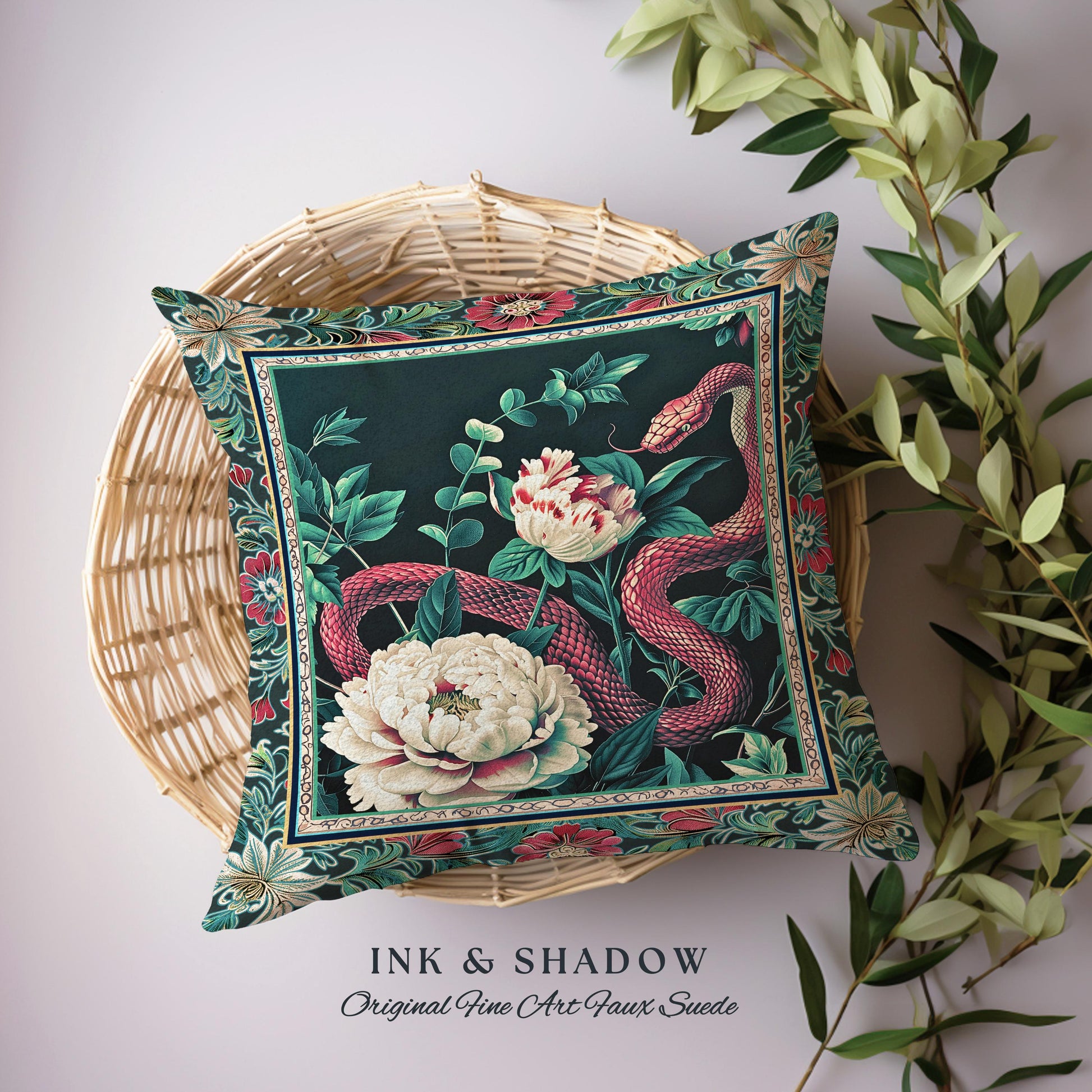 Enchanted Forest Snake Pillow Dark Woodland Floral Gothic Renaissance Decor | Mystical Cottagecore Vintage Serpent Medieval Charm Cushion