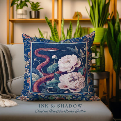 Moody Dark Botanical Serpent Enchanted Floral Tapestry Pillow Exotic Gothic Decor | Ethereal Woodland Snake Victorian Art Nouveau Cushion