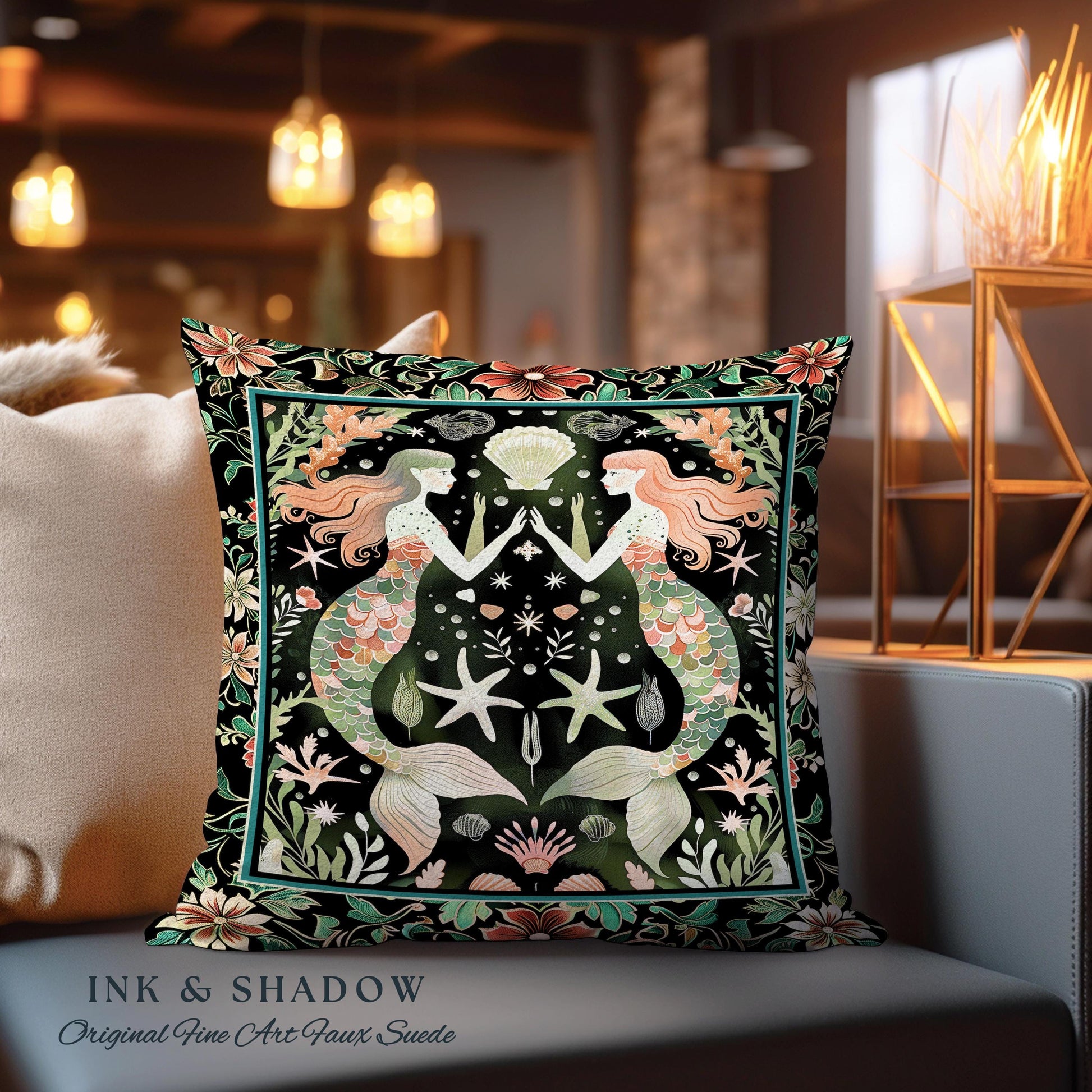 Art Nouveau Mermaid Pillow Coastal Folklore Home Decor | Vintage Seafoam Green Enchanted Ocean Underwater Sea Maiden Woven Tapestry Cushion