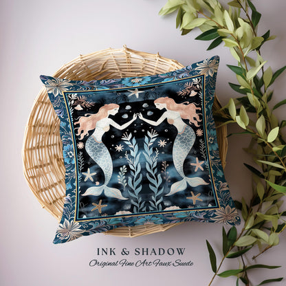 Mystical Midnight Blue Mermaid Pillow Floral Oceanic Tapestry Cushion Art Nouveau Coastal Cottagecore Whimsical Sea Nymph Enchanted Nautical