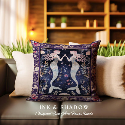 Retro Art Deco Mermaid Pillow Whimsical Coastal Cottagecore | Vintage Purple Floral Enchanted Underwater Fantasy Sirens Tapestry Cushion