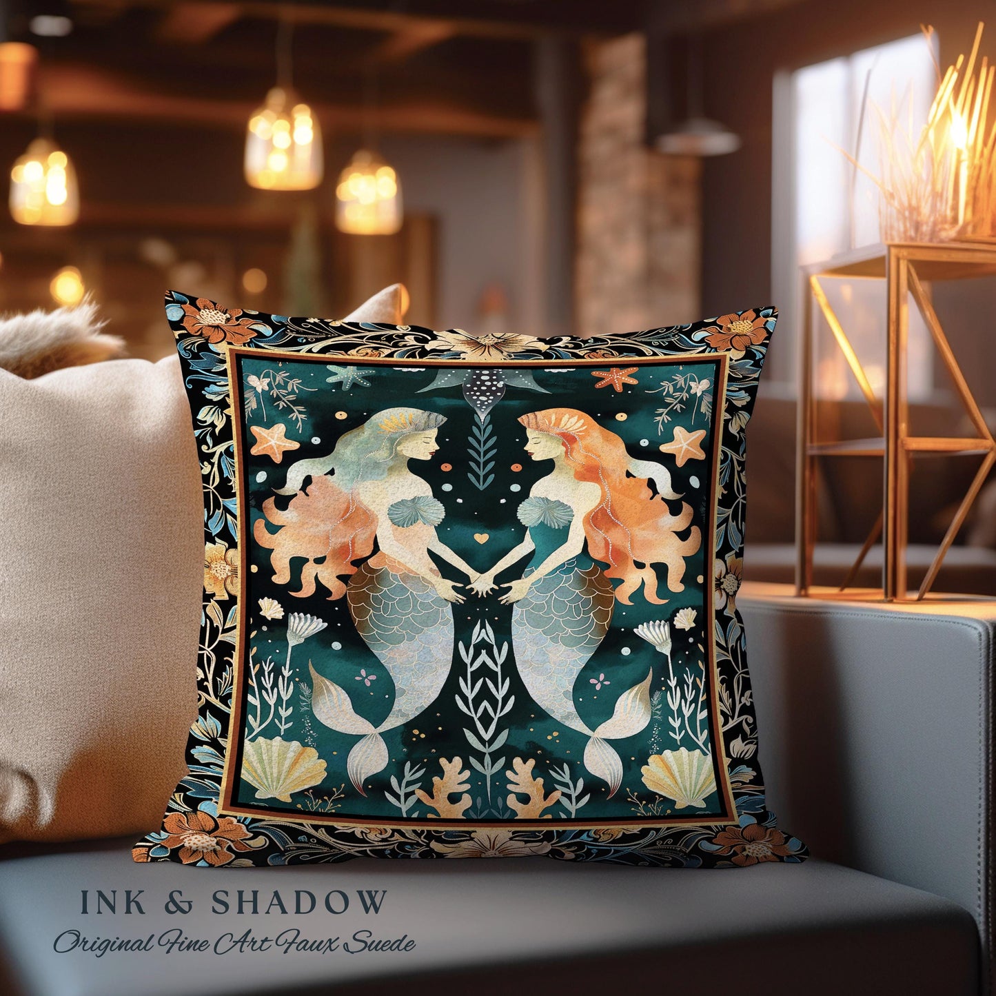 Whimsical Art Nouveau Mermaid Tapestry Cushion Costal Cottagecore, Enchanted Underwater Ocean Folklore Mystical Sea Nymph Nautical Pillow