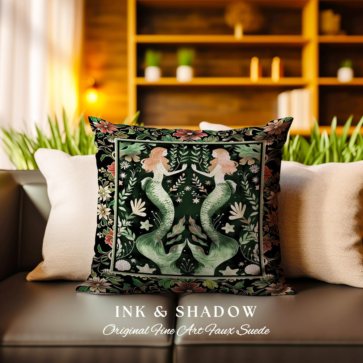 Enchanted Ocean Mermaid Floral Sea Life Tapestry Woven Pillow | Vintage Emerald Green Coastal Cottagecore Art Nouveau Ocean Fantasy Cushion
