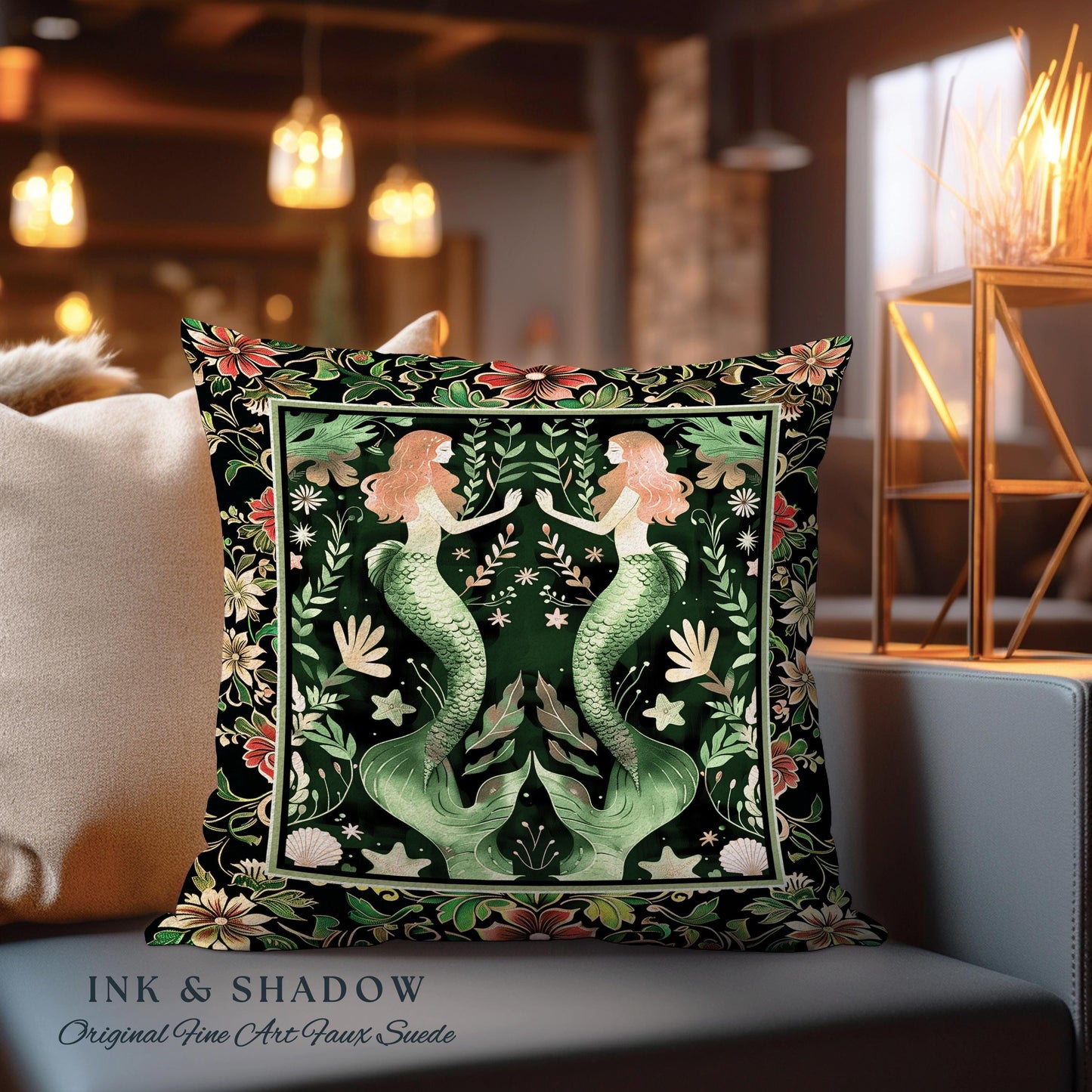 Enchanted Ocean Mermaid Floral Sea Life Pillow Emerald Green Whimsical Coastal Cottagecore, Art Nouveau Underwater Fantasy Tapestry Cushion