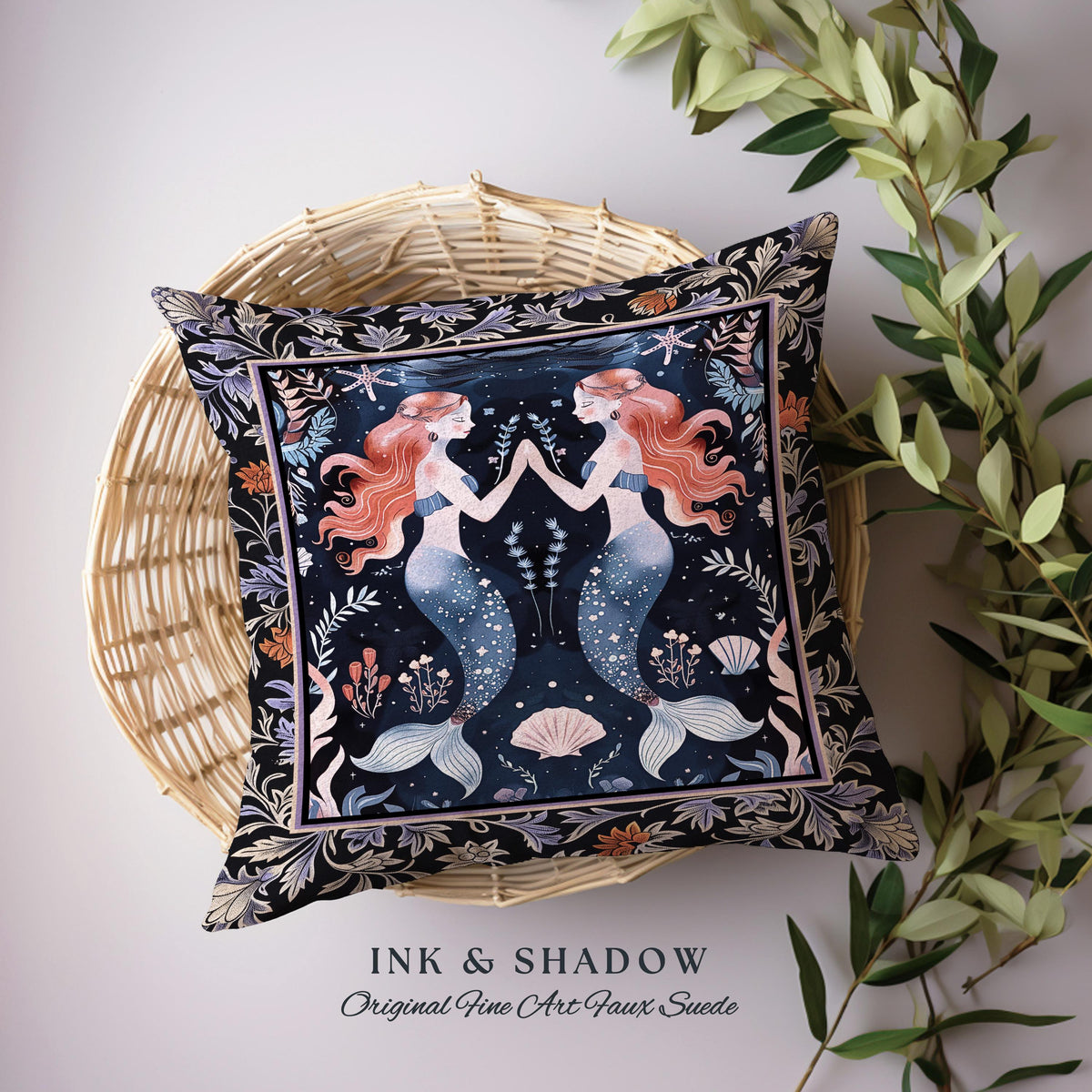 Ocean Sea Nymph Tapestry Pillow Art Nouveau Mystical Mermaid Underwater Decor | Enchanted Costal Fantasy Folklore Oceanic Woven Art Cushion