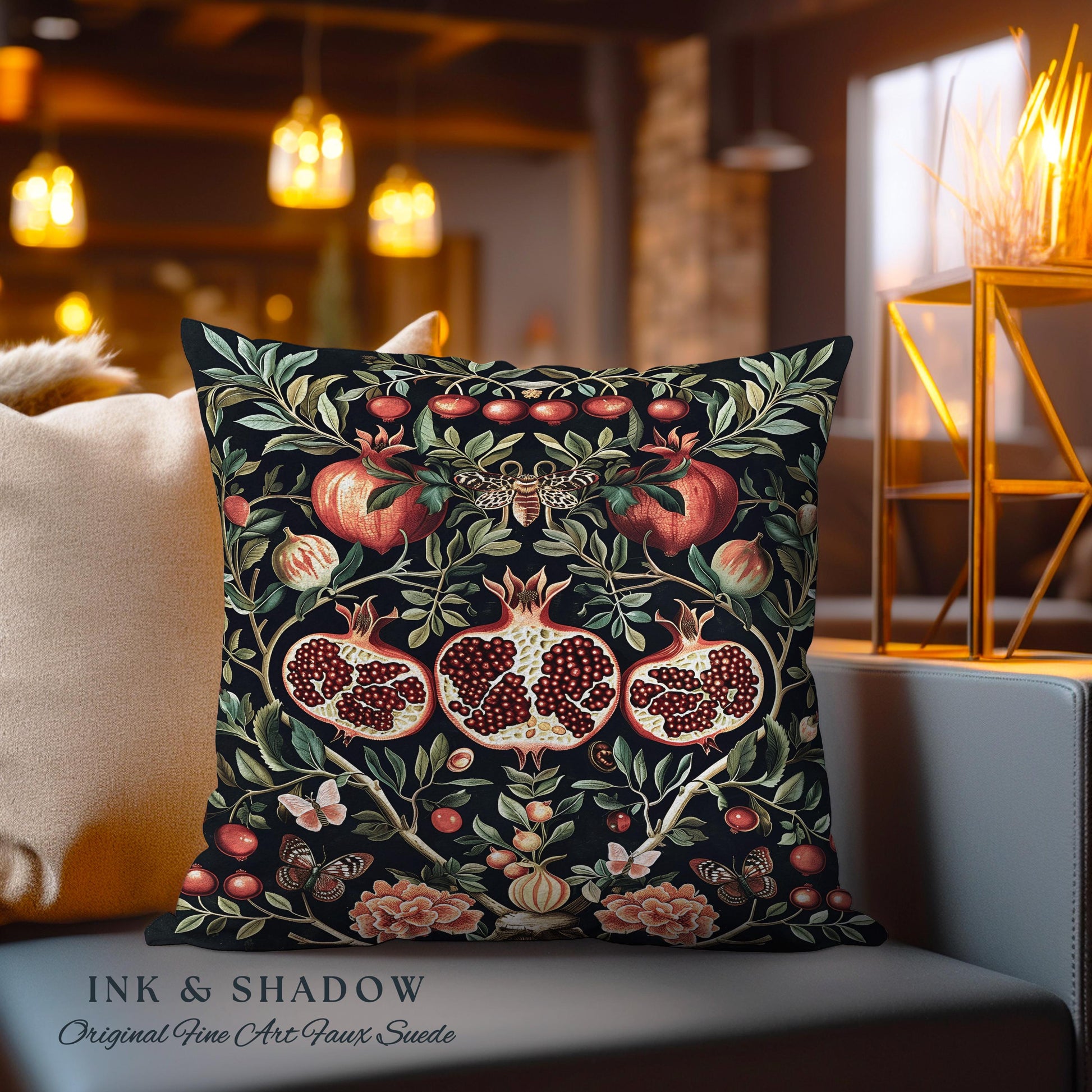 Botanical Pomegranate Enchanted Floral Whimsigothic Pillow | Dark Academia Woodland Gothic Vintage Butterfly Moth Art Cottagegoth Cushion