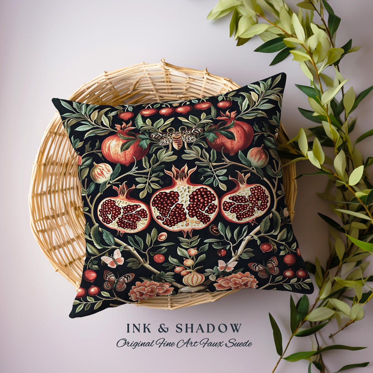 Botanical Pomegranate Enchanted Floral Whimsigothic Pillow | Dark Academia Woodland Gothic Vintage Butterfly Moth Art Cottagegoth Cushion