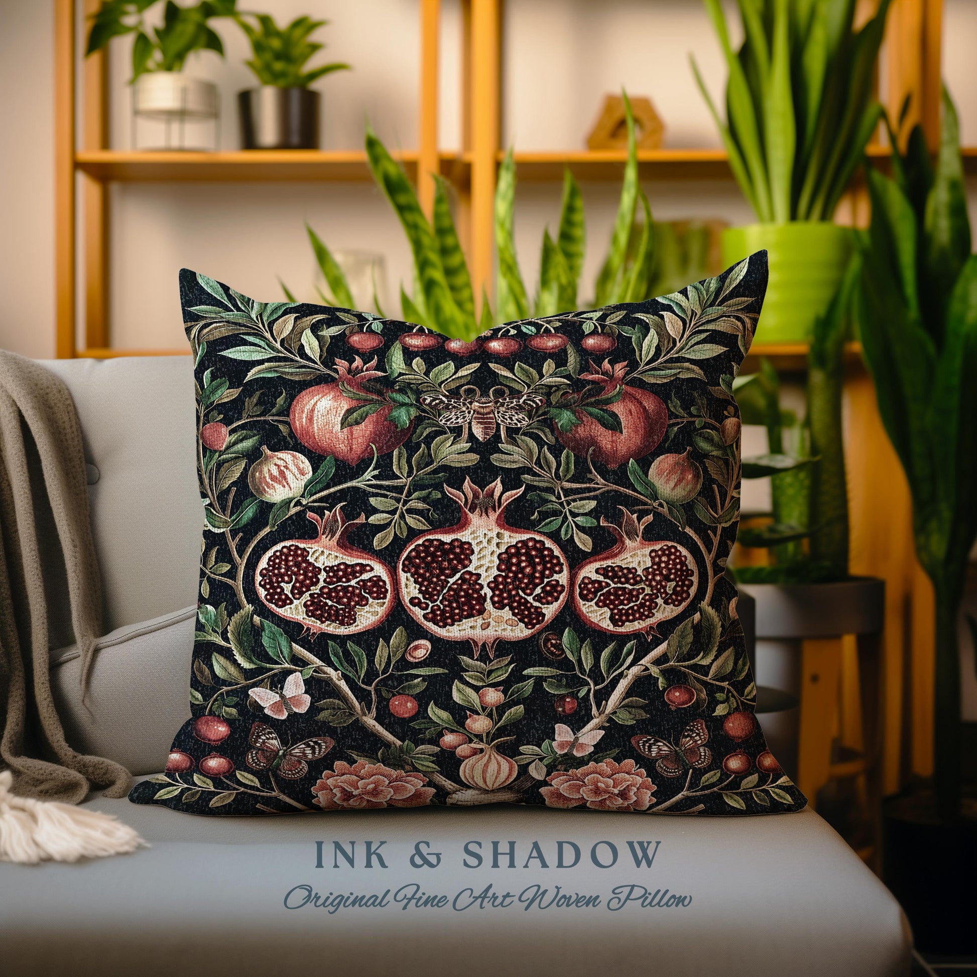 Botanical Pomegranate Enchanted Floral Whimsigothic Pillow | Dark Academia Woodland Gothic Vintage Butterfly Moth Art Cottagegoth Cushion