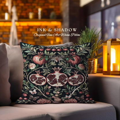 Botanical Pomegranate Enchanted Floral Whimsigothic Pillow | Dark Academia Woodland Gothic Vintage Butterfly Moth Art Cottagegoth Cushion