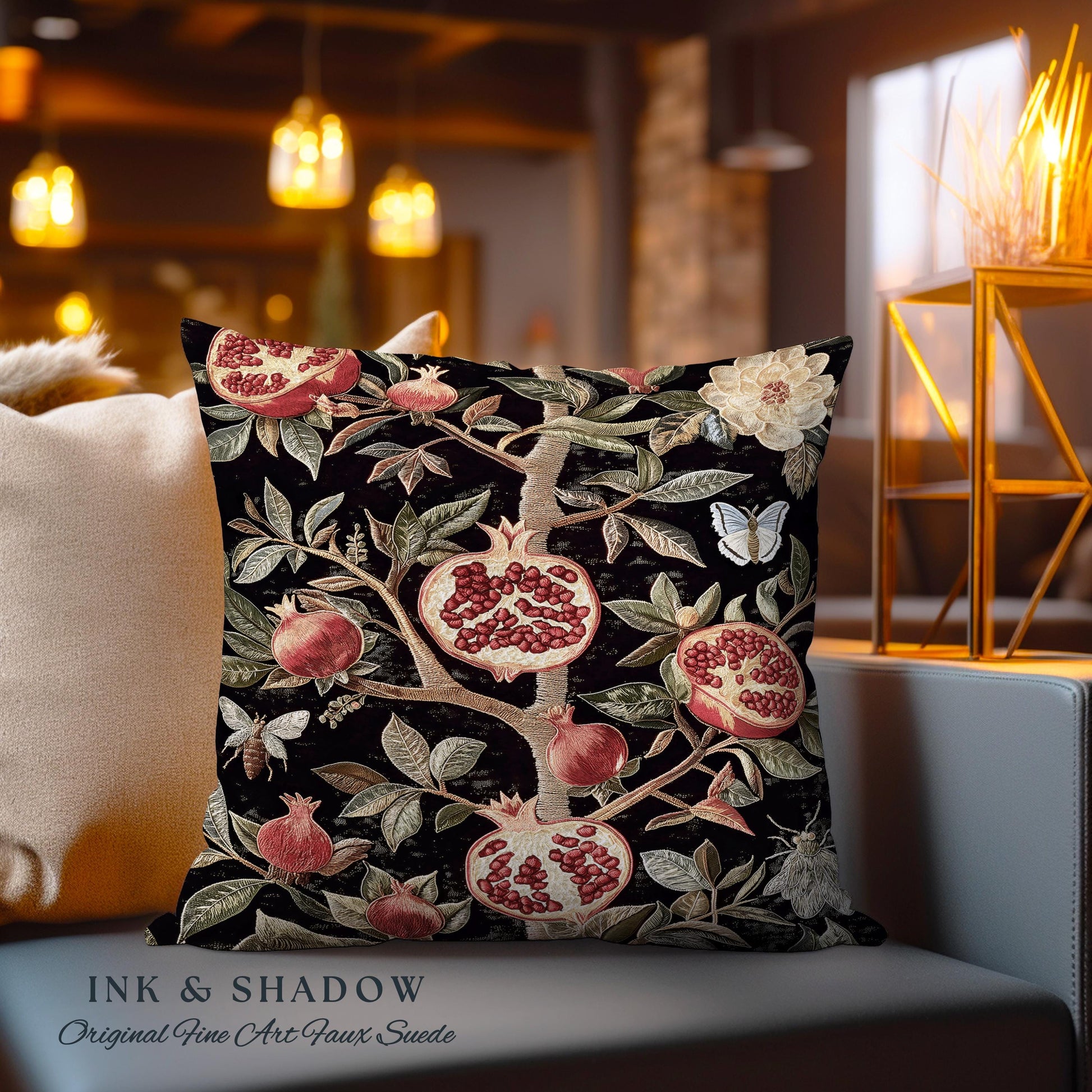 Gothic Pomegranate Pillow Mystical Botanical Woven Accent | Baroque Inspired Dark Academia Floral Butterfly Fruit Whimsigothic Cushion Boho