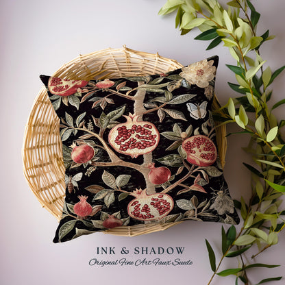 Gothic Pomegranate Blanket Mystical Botanical Tapestry Pillow | Baroque Inspired Dark Academia Floral Butterfly Fruit Whimsigothic Cushion