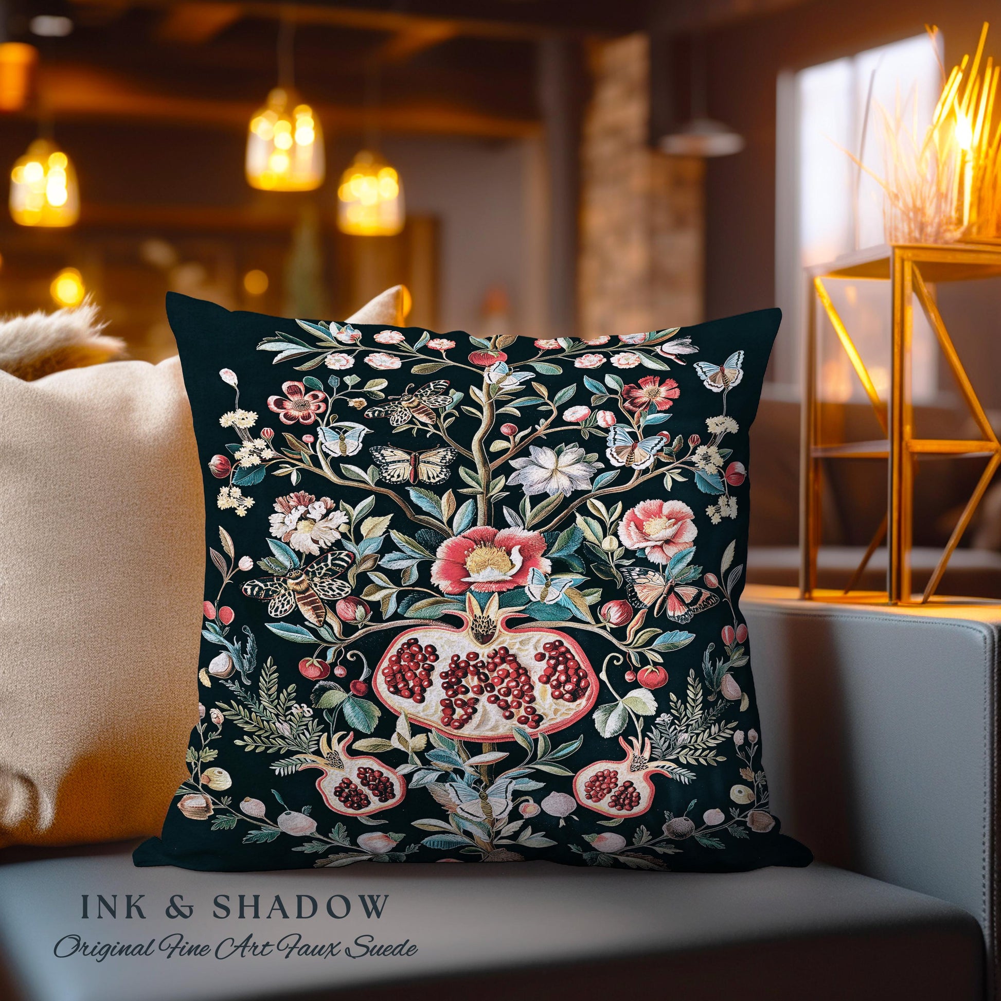 Fairycore Floral Pomegranate Whimsigoth Art Pillow Enchanted Forest Moth Butterfly Art | Whimsical Cottagecore Botanical Wildflower Cushion