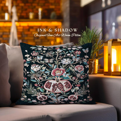 Fairycore Floral Pomegranate Whimsigoth Art Pillow Enchanted Forest Moth Butterfly Art | Whimsical Cottagecore Botanical Wildflower Cushion