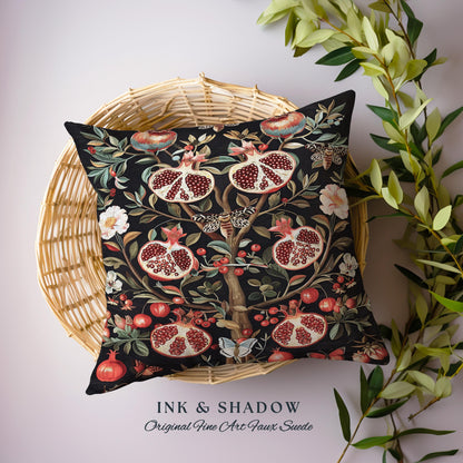 Enchanted Forestcore Victorian Gothic Pomegranate Pillow Dark Botanical Tapestry Cushion | Whimsical Floral Decor Whimsigoth Art Accent