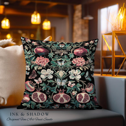 Ethereal Pomegranate Pillow Enchanted Tapestry Botanical Cushion | Baroque Inspired Dark Academia Butterfly Moth Gothic Floral Fruit Decor