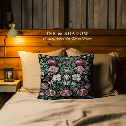Ethereal Pomegranate Pillow Enchanted Tapestry Botanical Cushion | Baroque Inspired Dark Academia Butterfly Moth Gothic Floral Fruit Decor