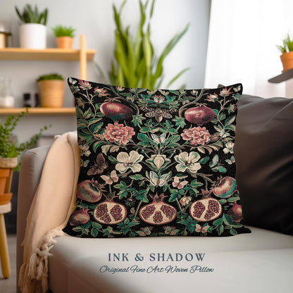 Ethereal Pomegranate Pillow Enchanted Tapestry Botanical Cushion | Baroque Inspired Dark Academia Butterfly Moth Gothic Floral Fruit Decor