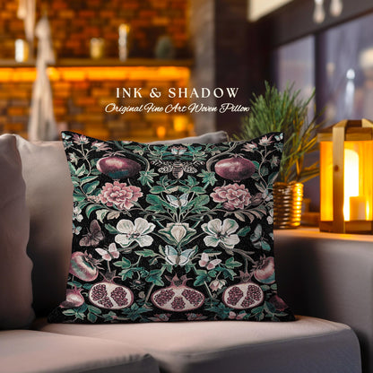 Ethereal Pomegranate Pillow Enchanted Tapestry Botanical Cushion | Baroque Inspired Dark Academia Butterfly Moth Gothic Floral Fruit Decor