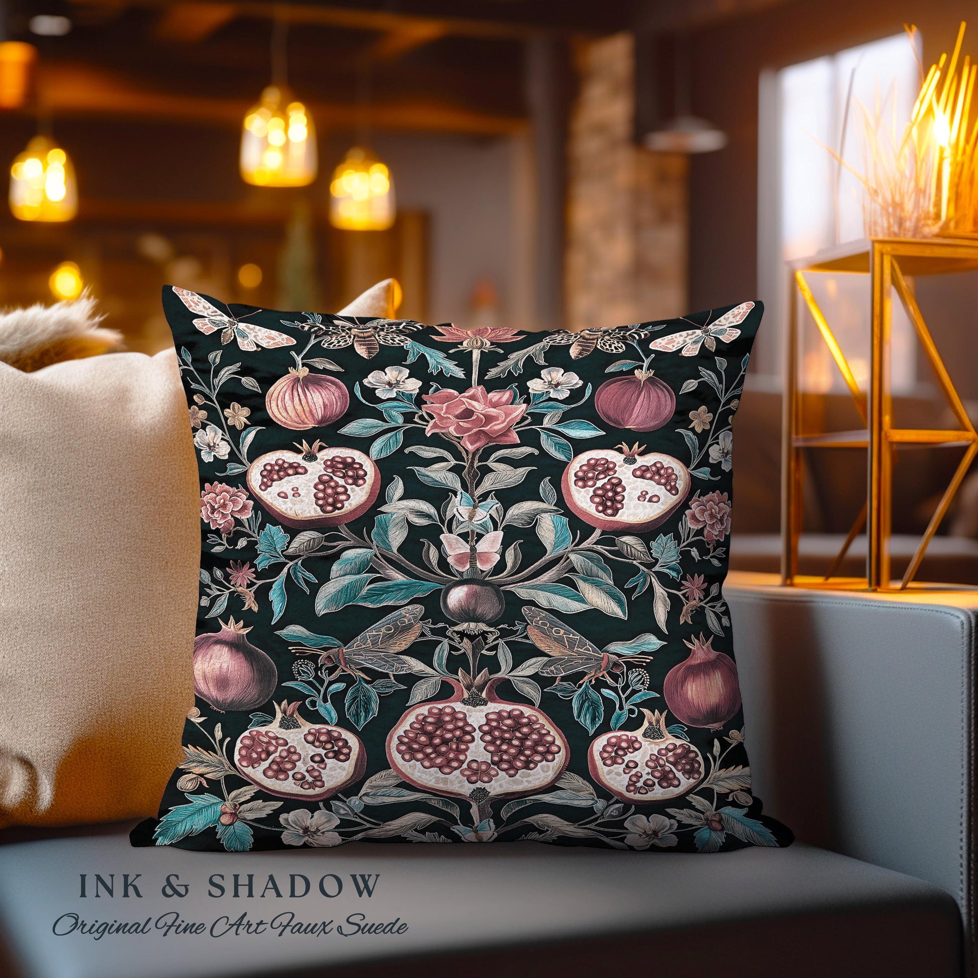 Woodland Gothic Pomegranate Botanical Pillow Enchanted Nature Butterfly Cushion | Romantic Baroque Whimsical Forestcore Floral Cottagecore