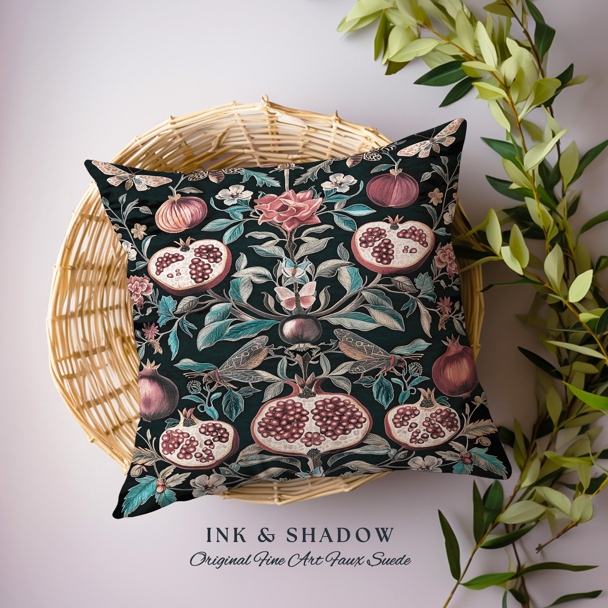 Woodland Gothic Pomegranate Botanical Pillow Enchanted Nature Butterfly Cushion | Romantic Baroque Whimsical Forestcore Floral Cottagecore