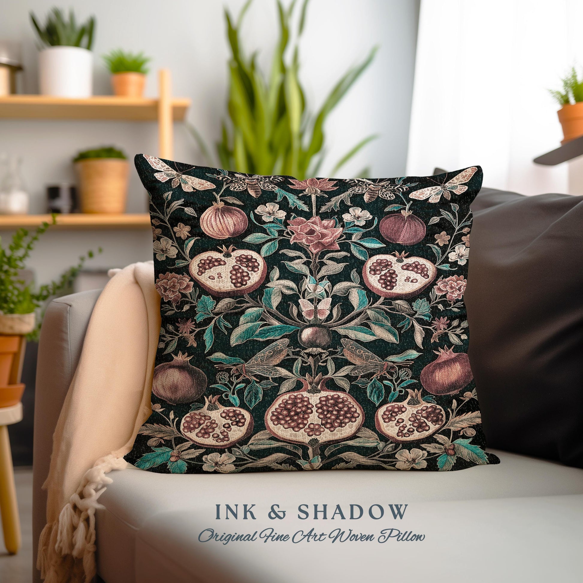 Woodland Gothic Pomegranate Botanical Pillow Enchanted Nature Butterfly Cushion | Romantic Baroque Whimsical Forestcore Floral Cottagecore