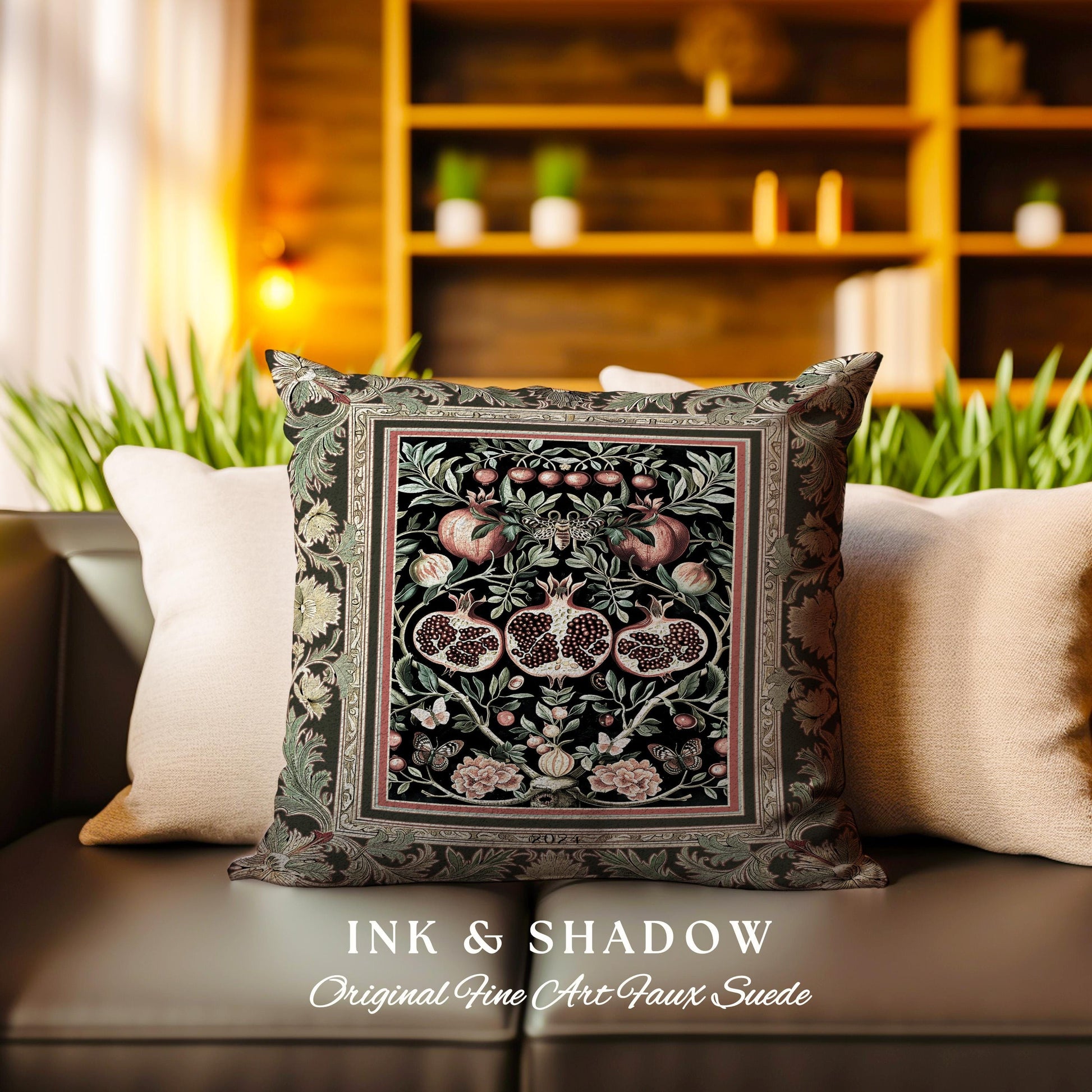 Forestcore Moody Maximalism Pomegranate Pillow Earthy Whimsigothic, Floral Fairycore Grunge Medieval Woodland Gothic Nature Tapestry Cushion