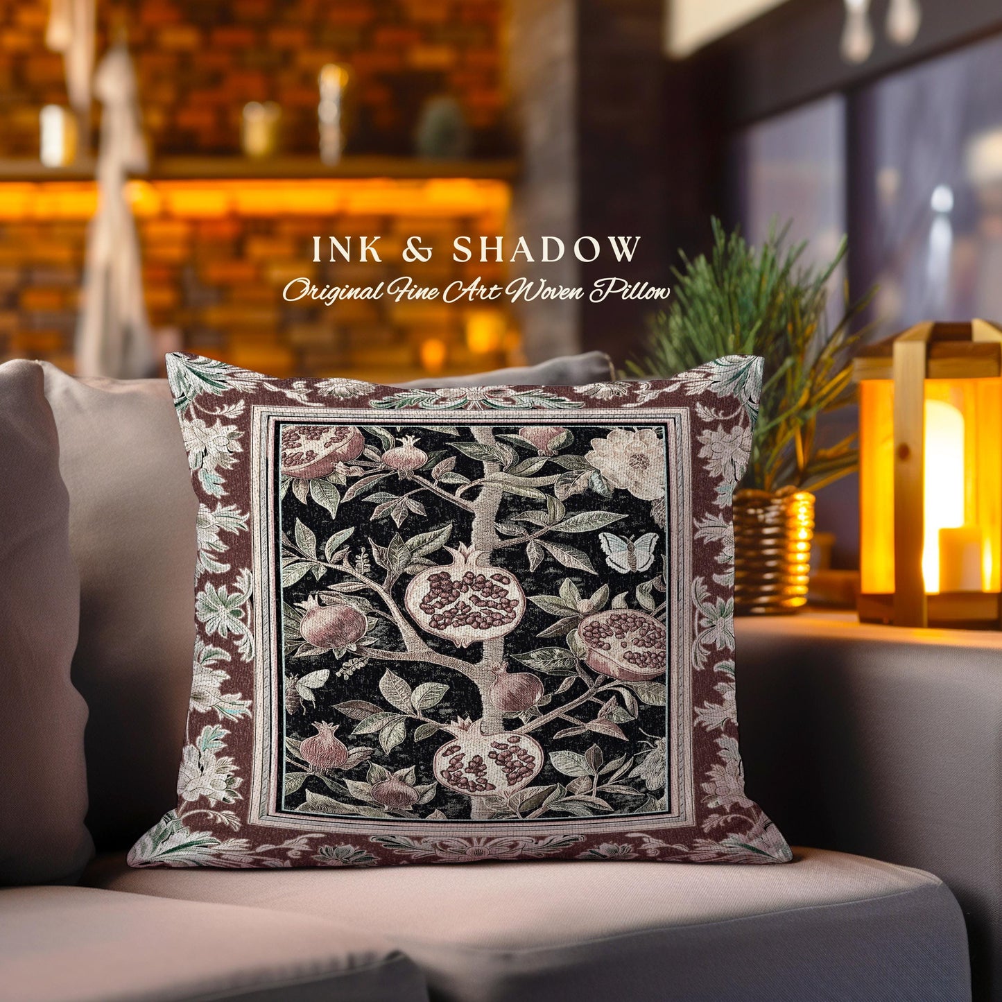 Floral Whimsigoth Vintage Pomegranate Art Nature Pillow Cottagegoth Botanical Baroque Elegance, Medieval Fruit Cottagecore Tapestry Cushion